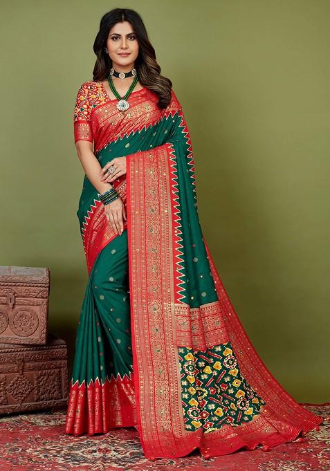 Sherwood Green Chevron Print Cotton Silk Saree Set