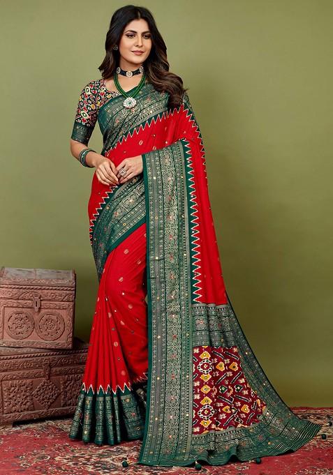 Venetian Red Chevron Print Cotton Silk Saree Set