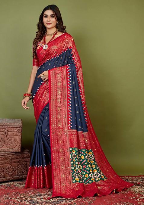 Dark Blue And Grey Chevron Print Cotton Silk Saree Set