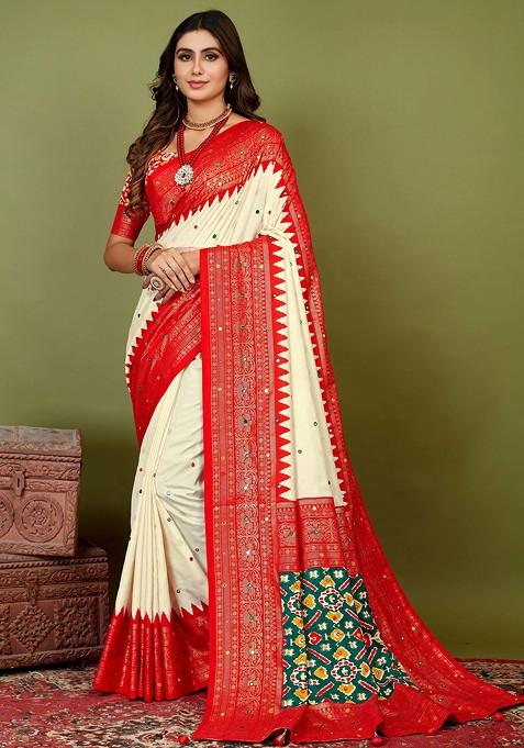 Champagne Beige Chevron Print Cotton Silk Saree Set