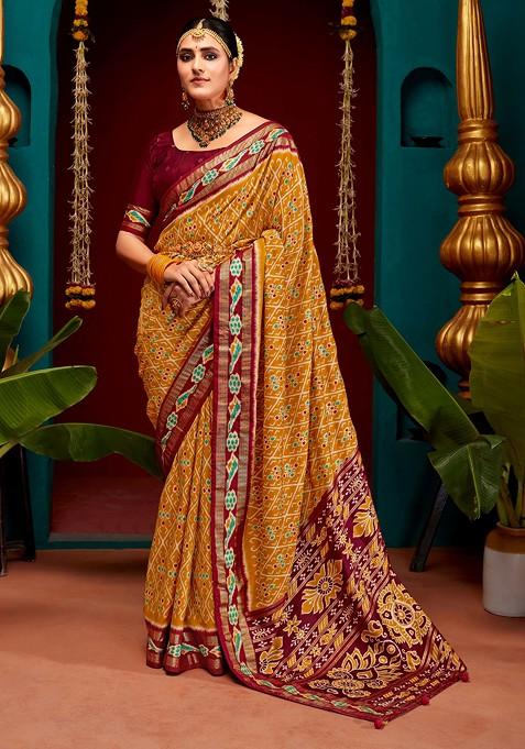 Orange And Golden Patola Print Cotton Silk Saree Set