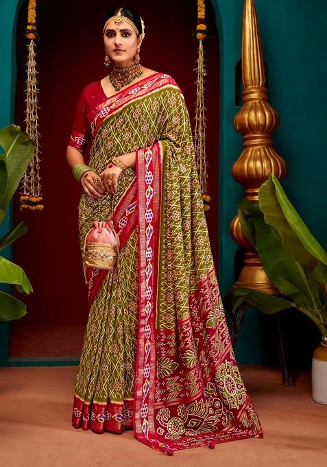 Muddy Brown Patola Print Cotton Silk Saree Set