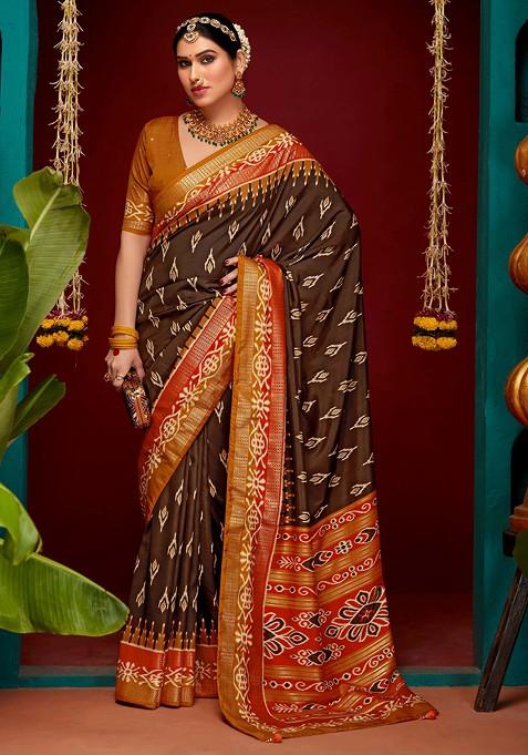 Crater Brown Patola Print Cotton Silk Saree Set