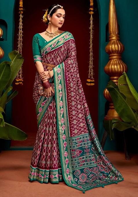 Wine Patola Print Cotton Silk Saree Set