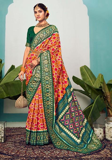 Multicolour Chevron Print Cotton Silk Saree Set