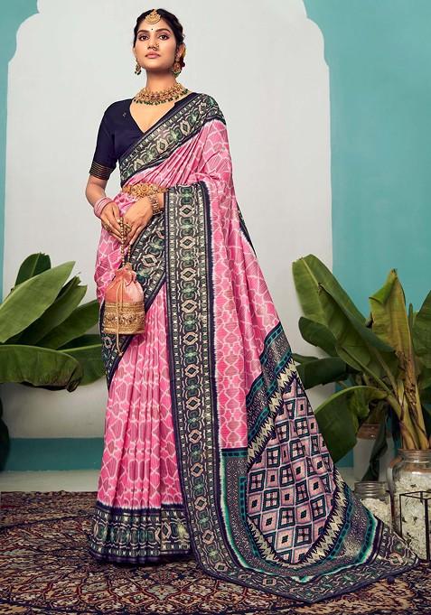 Baby Pink Chevron Print Cotton Silk Saree Set