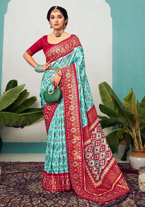 Aqua Blue Chevron Print Cotton Silk Saree Set