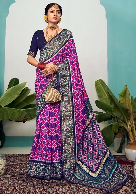 Purple And Pink Chevron Print Cotton Silk Saree Set