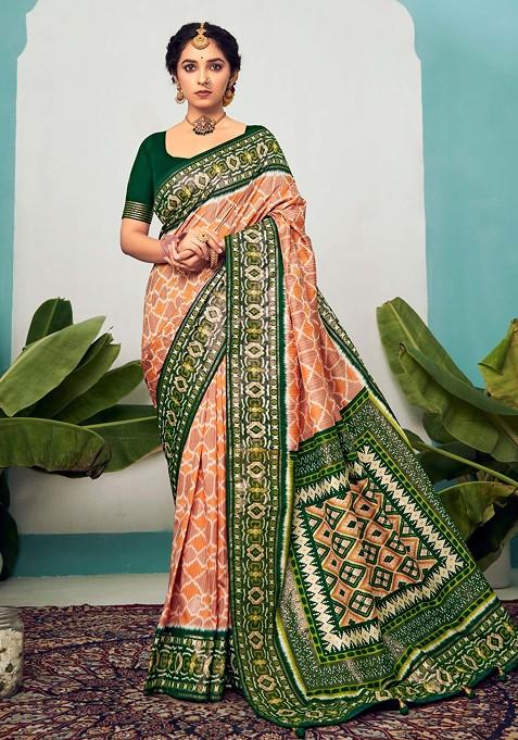 Beige And Orange Chevron Print Cotton Silk Saree Set