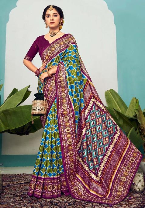 Green And Blue Chevron Print Cotton Silk Saree Set