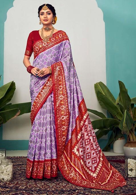 Lavender Chevron Print Cotton Silk Saree Set