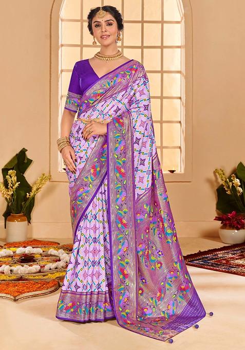 Lavender Ikat Print Cotton Silk Saree Set