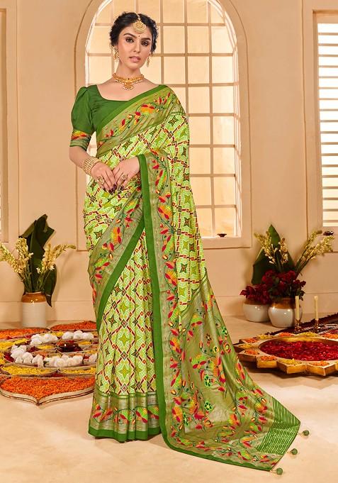 Light Green Ikat Print Cotton Silk Saree Set