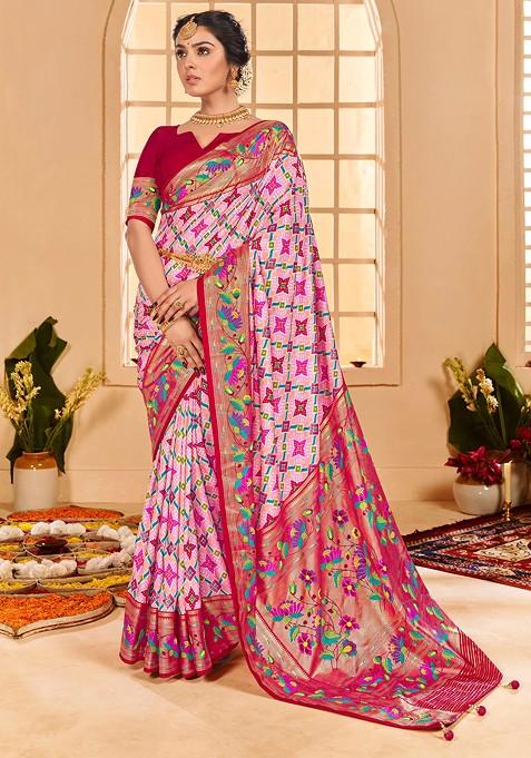 Baby Pink Ikat Print Cotton Silk Saree Set