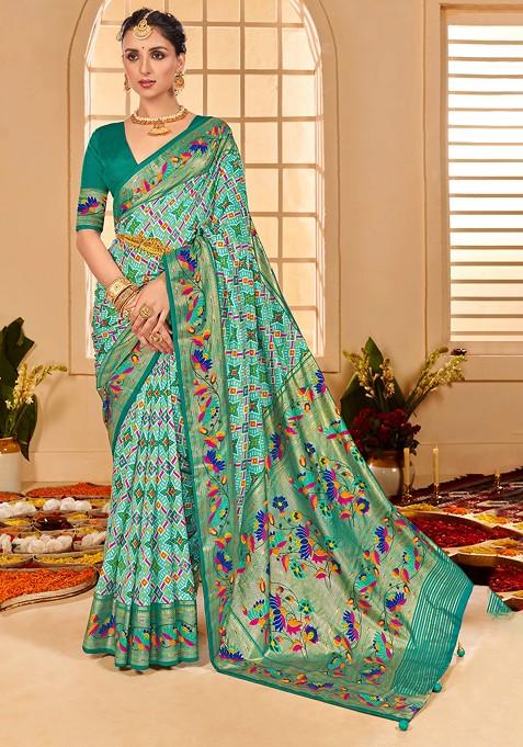 Fountain Blue Ikat Print Cotton Silk Saree Set