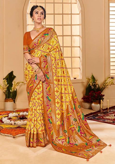 Orange And Yellow Ikat Print Cotton Silk Saree Set