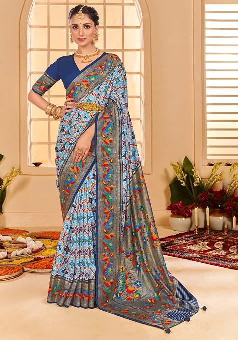 Light Blue Ikat Print Cotton Silk Saree Set