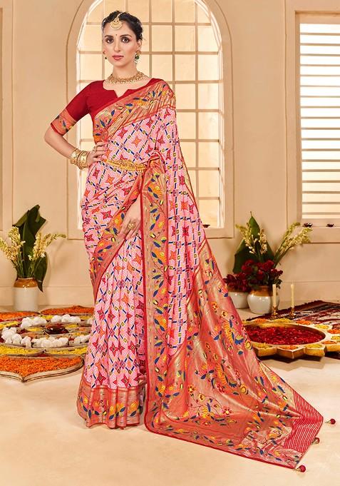 Peach And Pink Ikat Print Cotton Silk Saree Set