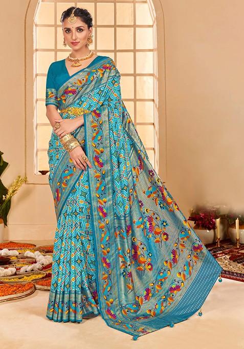 Turquoise Blue Ikat Print Cotton Silk Saree Set