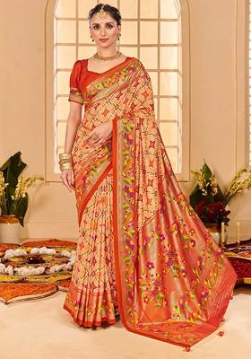Pastel Orange Ikat Print Cotton Silk Saree Set