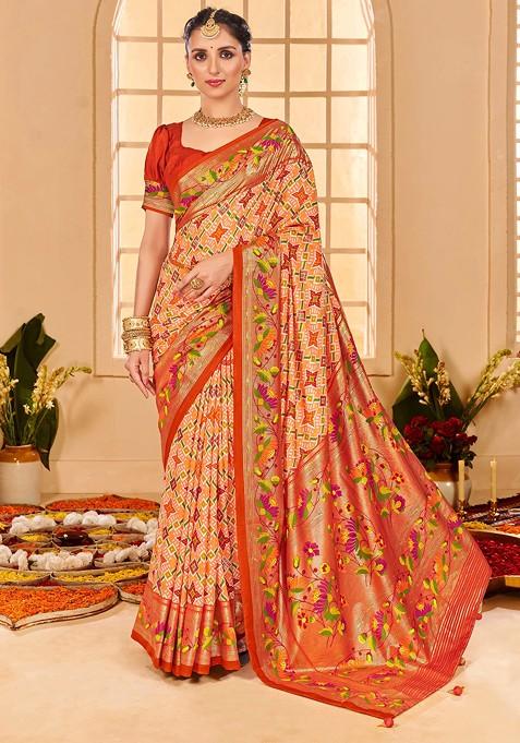 Pastel Orange Ikat Print Cotton Silk Saree Set