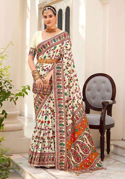 Off White Paisley Print Velvet Tussar Silk Saree Set