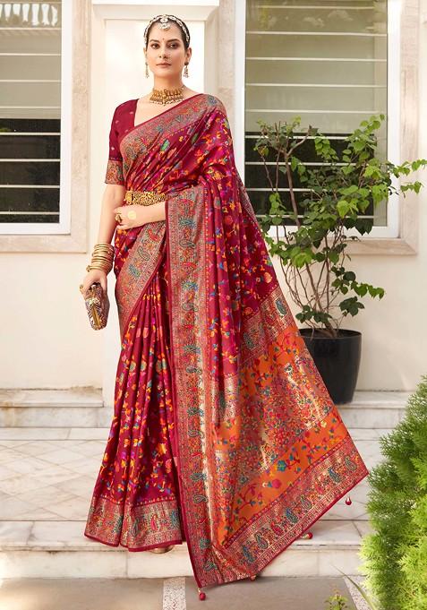 Burgundy Floral Print Velvet Tussar Silk Saree Set