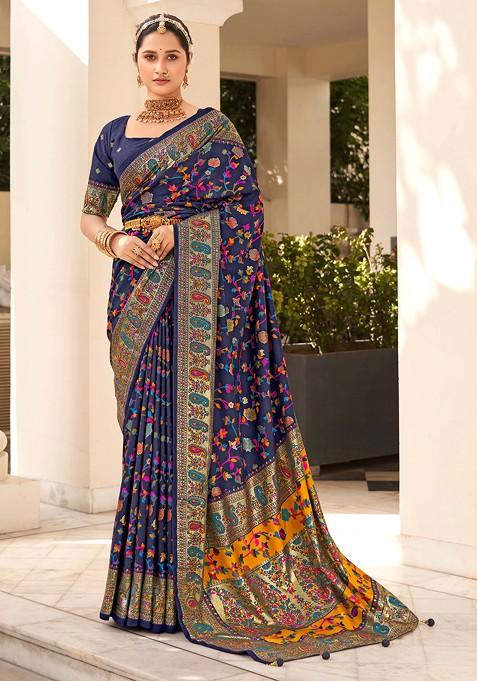 Dark Blue Floral Print Velvet Tussar Silk Saree Set