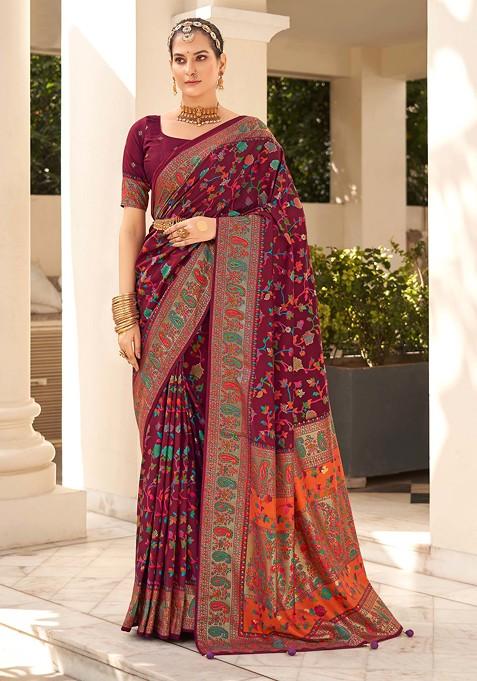 Wine Floral Print Velvet Tussar Silk Saree Set