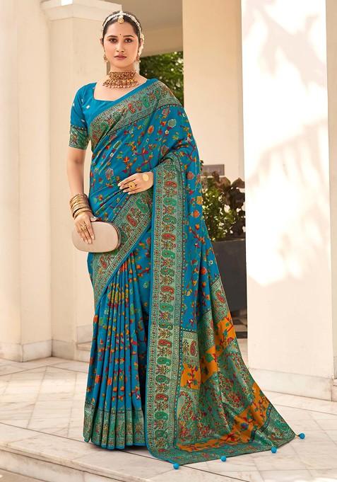 Teal Blue Floral Print Velvet Tussar Silk Saree Set