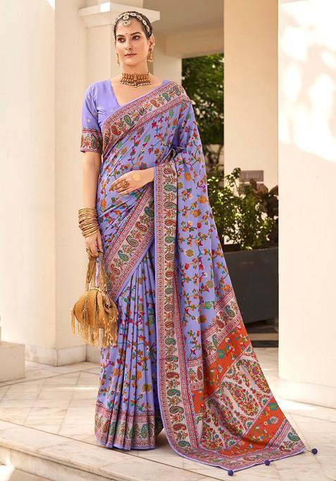 Lavender Floral Print Velvet Tussar Silk Saree Set