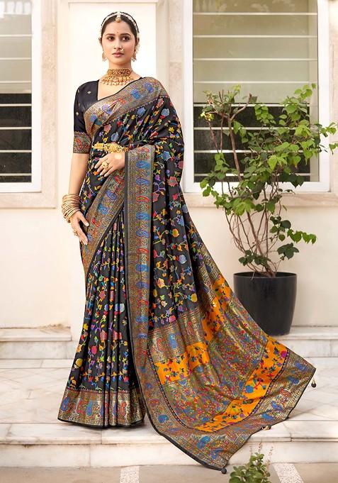 Black Floral Print Velvet Tussar Silk Saree Set