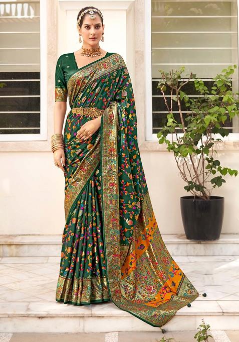 Pine Green Floral Print Velvet Tussar Silk Saree Set