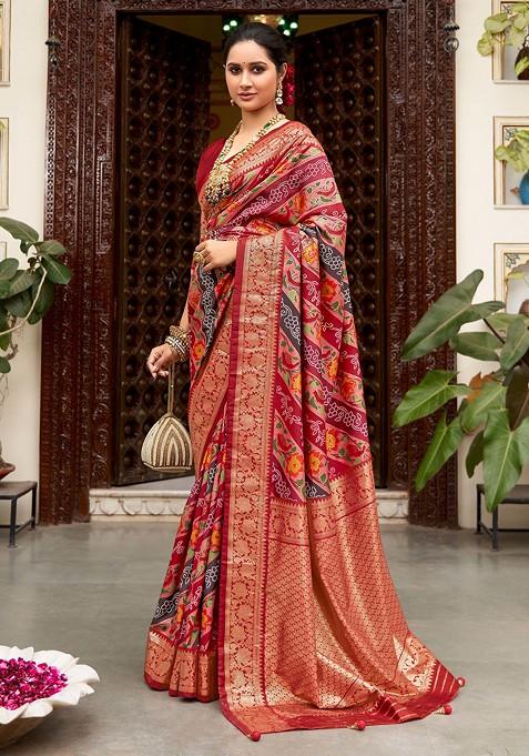 Multicolour Floral Print Velvet Tussar Silk Saree Set