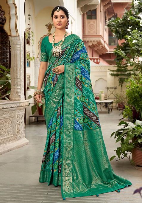 Teal Green Floral Print Velvet Tussar Silk Saree Set