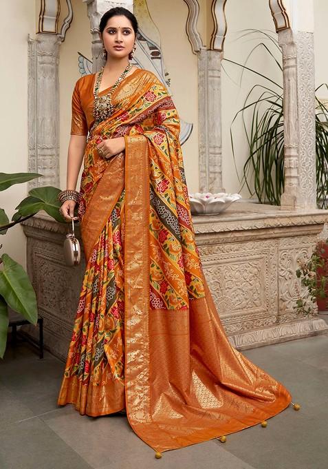 Rust Golden Floral Print Velvet Tussar Silk Saree Set