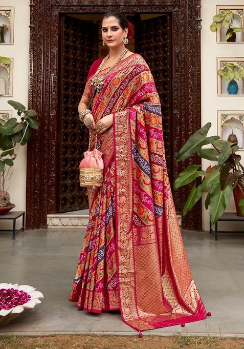 Multicolour Floral Print Velvet Tussar Silk Saree Set