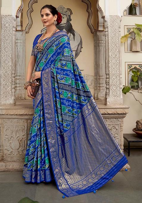 Blue Floral Print Velvet Tussar Silk Saree Set