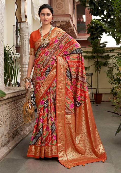 Orange Floral Print Velvet Tussar Silk Saree Set