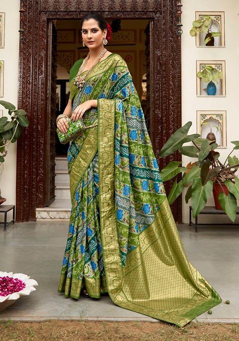 Green Floral Print Velvet Tussar Silk Saree Set