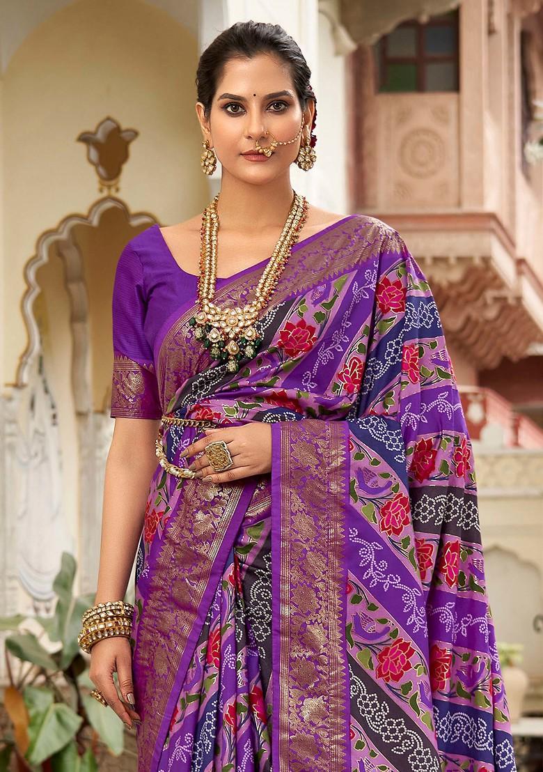 Purple Floral Print Velvet Tussar Silk Saree Set