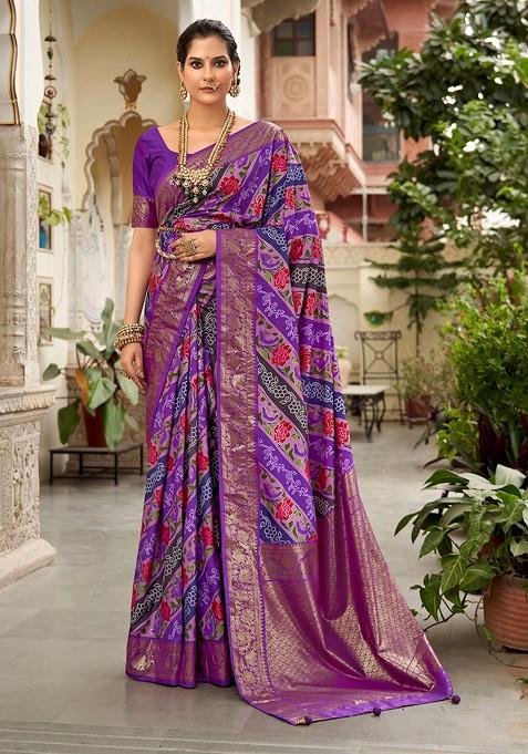 Purple Floral Print Velvet Tussar Silk Saree Set