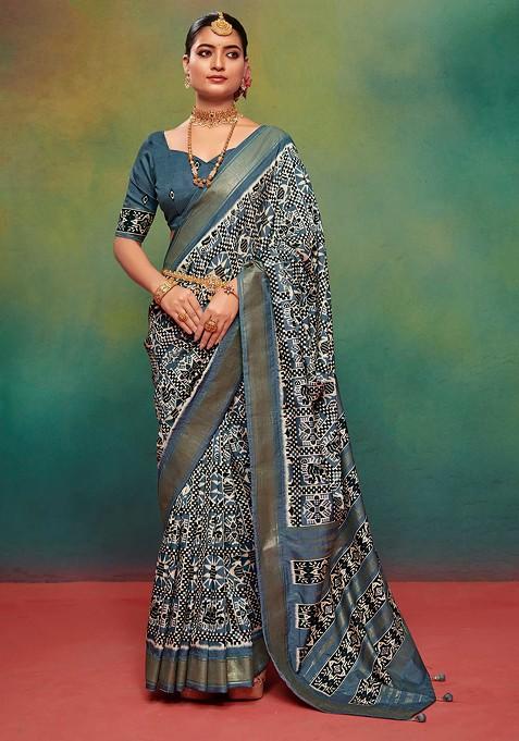 Slate Blue Ikat Print Saree Set