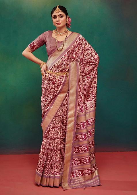 Dark Peach Ikat Print Saree Set