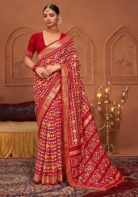 Persian Red Ikat Print Saree Set