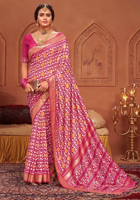 Tulip Pink Ikat Print Saree Set