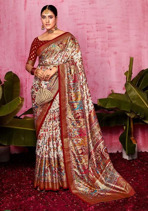 Off White Ethnic Motif Saree Set