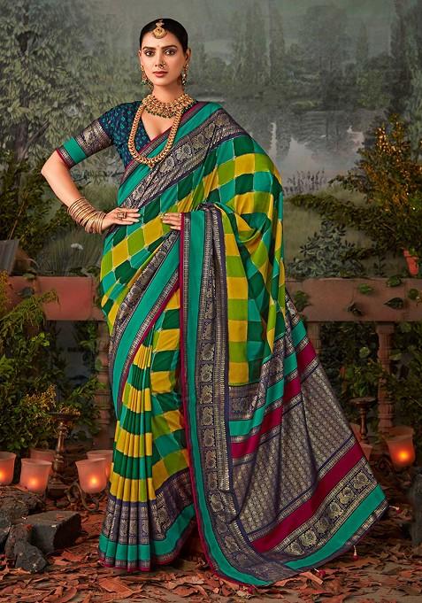 Multicolour Block Print Saree Set