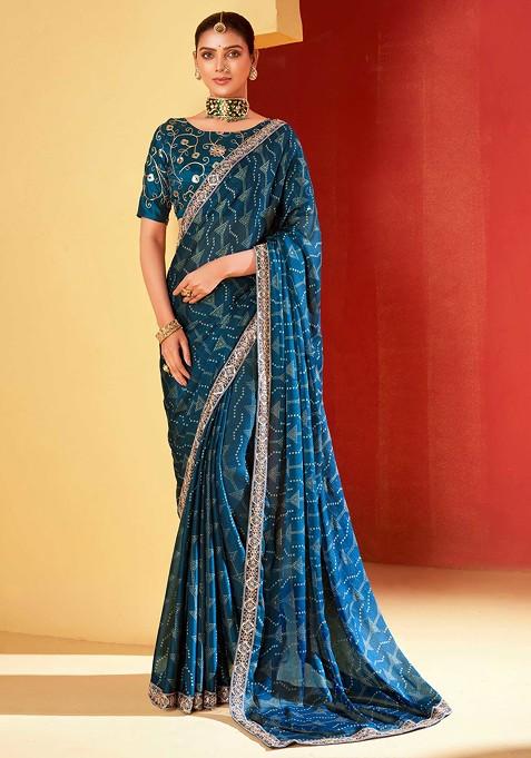 Blue Foil Print Saree Set