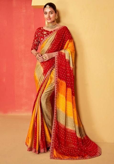 Multicolour Foil Print Saree Set